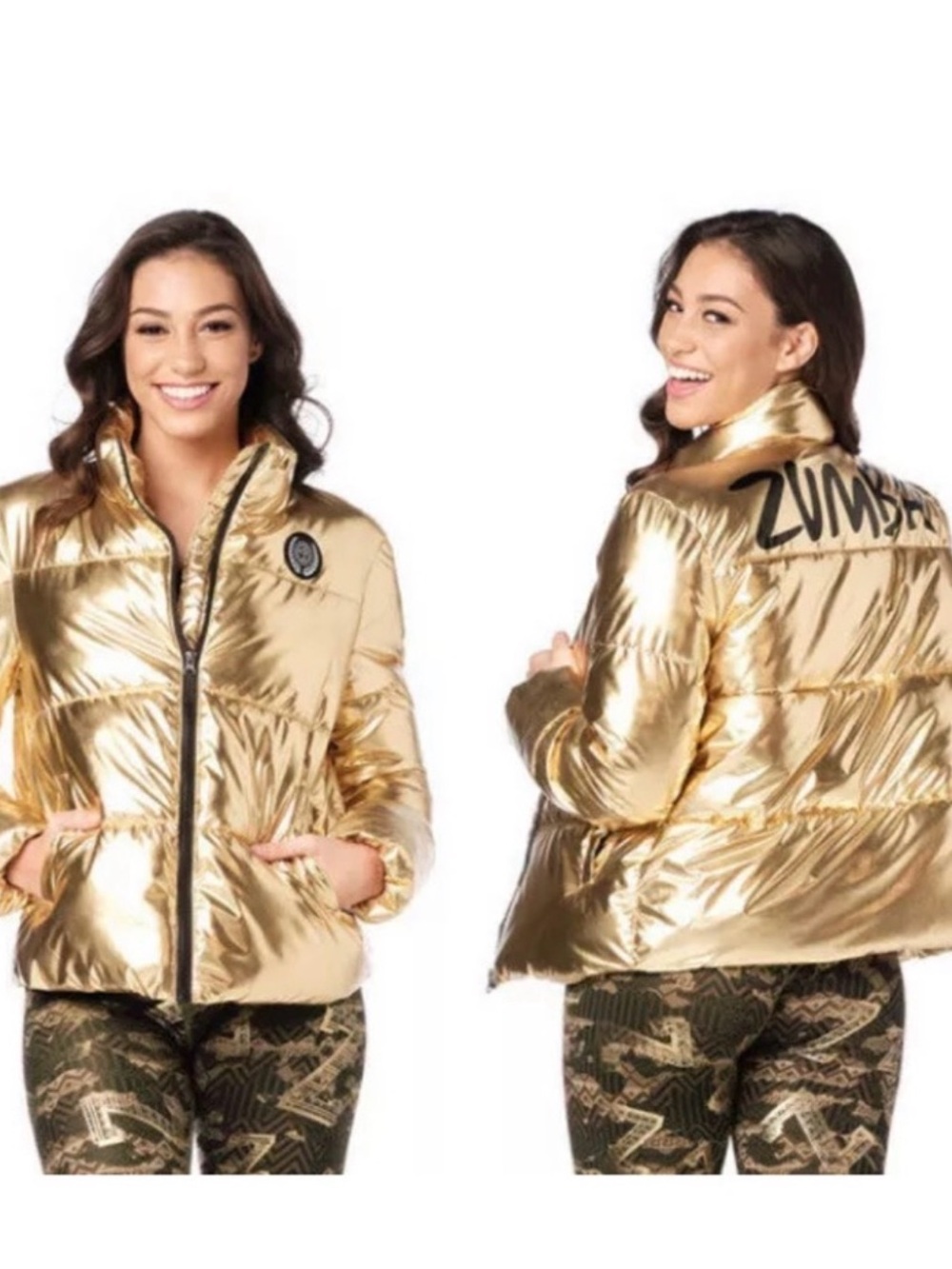 Zumba Fitness Metallic Gold Puffer Jacket - Women's Shiny Gold Coat